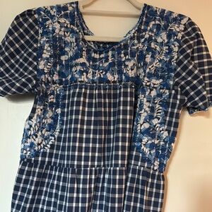 Blue and White Checkered Dress with Floral Embroidery